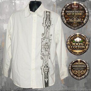 Roar L Enough Excuses White Embroidered Button Up Shirt LS Graphic Back Cotton